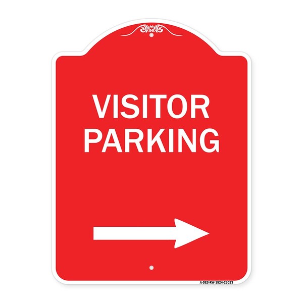 Reserved Parking Visitor Parking Arrow Pointing Right, Red & White Alum, 18" x 24", RW-1824-23023